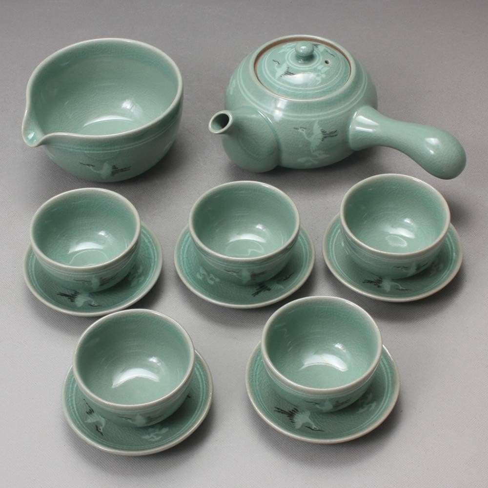 Korean 5-Person Celadon Porcelain Tea Set with Saucers - Inlaid Crane & Cloud