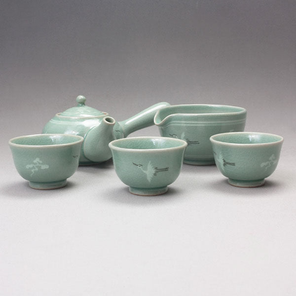 Korean 3-Person Celadon Porcelain Tea Set - Inlaid Crane and Cloud Design