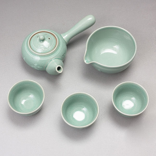 Korean 3-Person Celadon Porcelain Tea Set - Inlaid Crane and Cloud Design