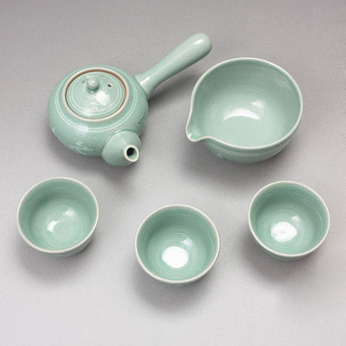 韓国 3人用 青磁茶器セット - 象嵌 鶴と雲デザイン