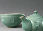 Korean 3-Person Celadon Porcelain Tea Set - Inlaid Crane and Cloud Design