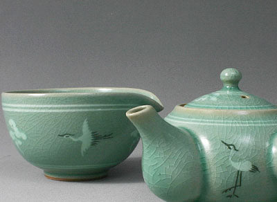 Korean 3-Person Celadon Porcelain Tea Set - Inlaid Crane and Cloud Design