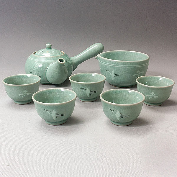 Korean 5-Person Celadon Porcelain Tea Set - Inlaid Crane and Cloud Design