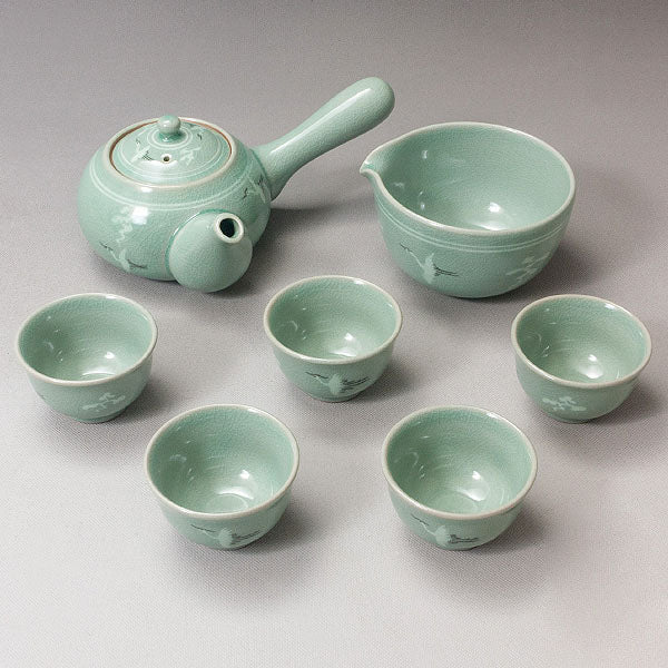 Korean 5-Person Celadon Porcelain Tea Set - Inlaid Crane and Cloud Design