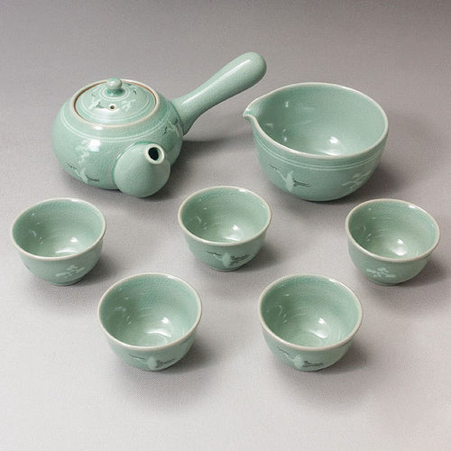 韓国 5人用 青磁茶器セット - 象嵌 鶴と雲デザイン
