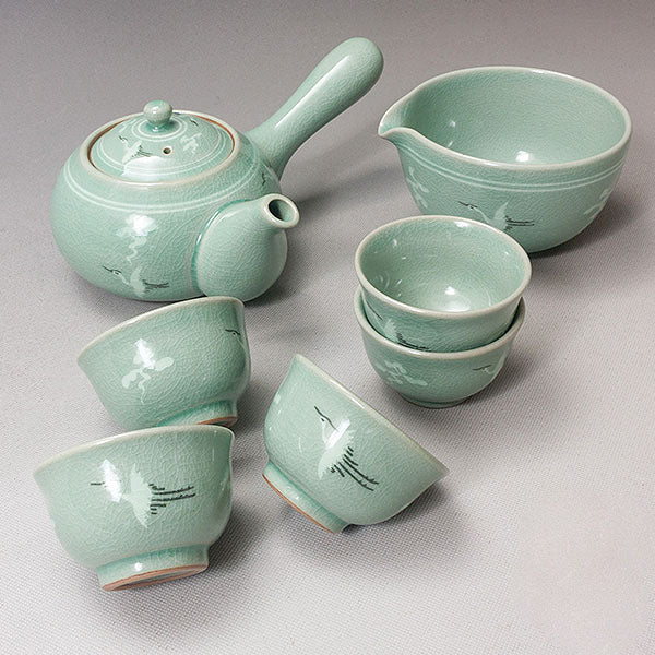 Korean 5-Person Celadon Porcelain Tea Set - Inlaid Crane and Cloud Design