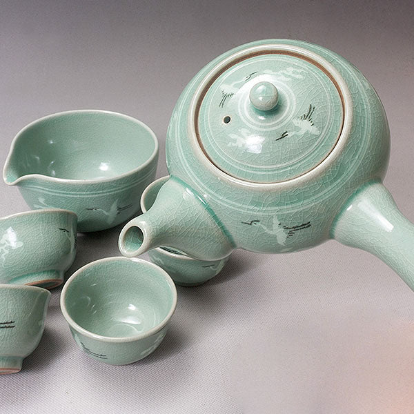 Korean 5-Person Celadon Porcelain Tea Set - Inlaid Crane and Cloud Design