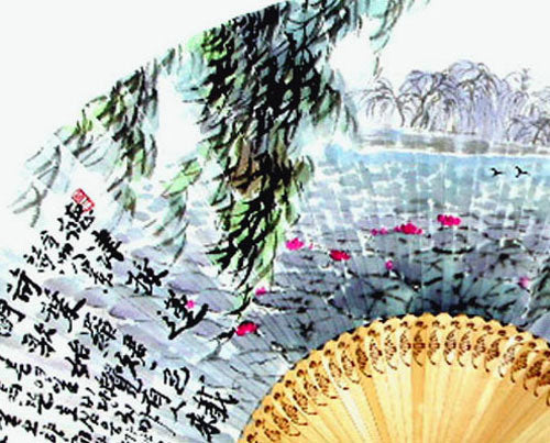 Premium Hand Painted Lotus Pond in Summer Folding Fan - White Paper Bamboo Wood Wall Deco
