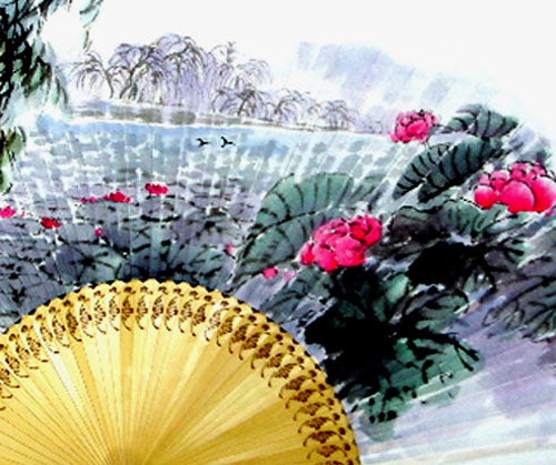 Premium Hand Painted Lotus Pond in Summer Folding Fan - White Paper Bamboo Wood Wall Deco