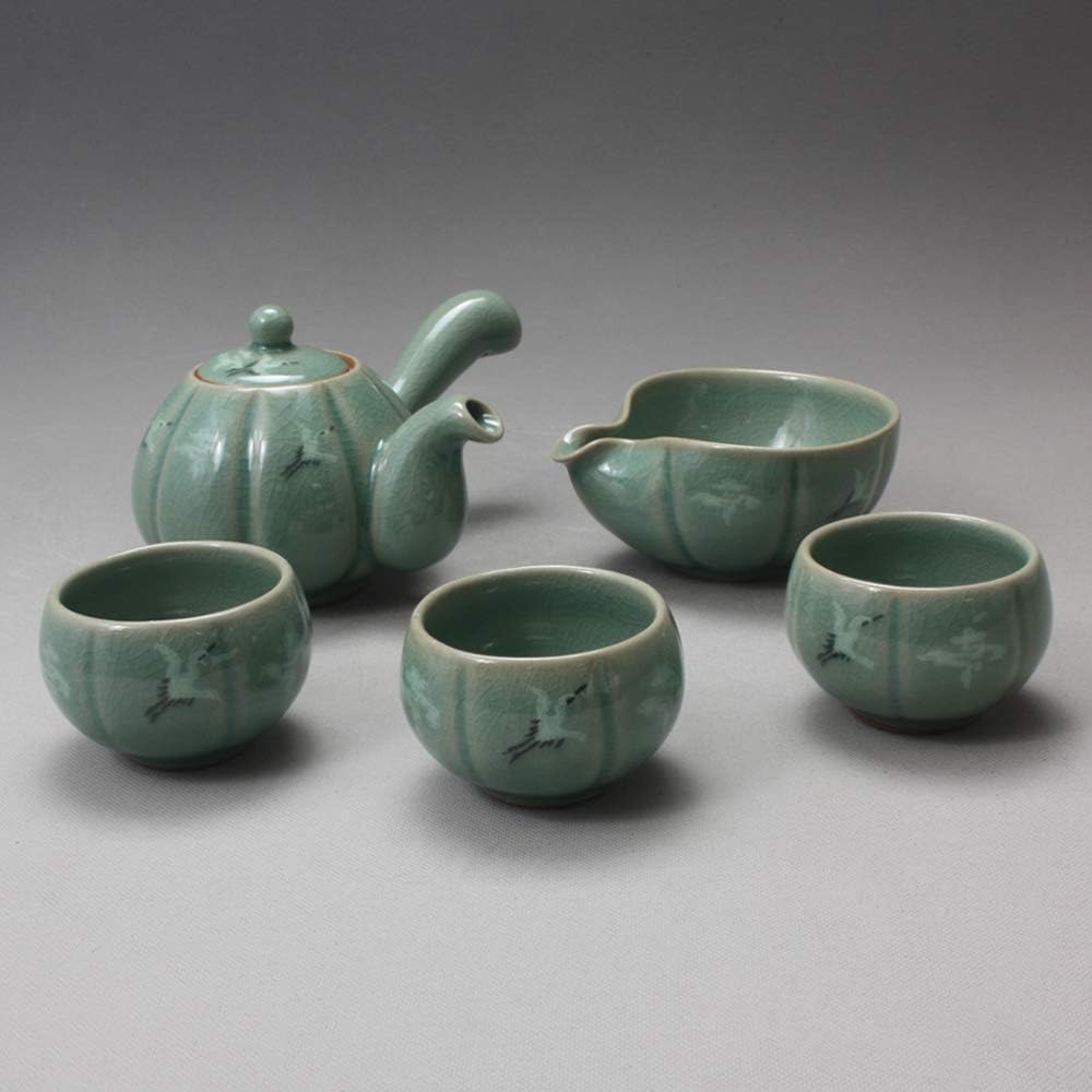 Korean 3-Person Celadon Porcelain Pumpkin Shaped Tea Set - Inlaid Crane & Cloud