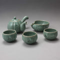 Korean 3-Person Celadon Porcelain Pumpkin Shaped Tea Set - Inlaid Crane & Cloud
