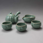 Korean 3-Person Celadon Porcelain Pumpkin Shaped Tea Set - Inlaid Crane & Cloud