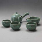 Korean 3-Person Celadon Porcelain Pumpkin Shaped Tea Set - Inlaid Crane & Cloud