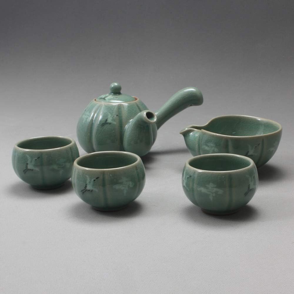 Korean 3-Person Celadon Porcelain Pumpkin Shaped Tea Set - Inlaid Crane & Cloud