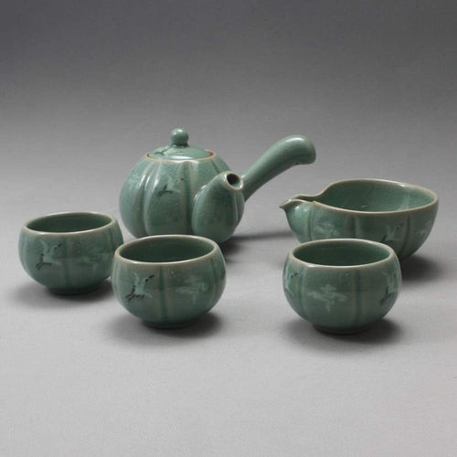 韓国 3人用 青磁 瓢箪型茶器セット - 象嵌 鶴＆雲