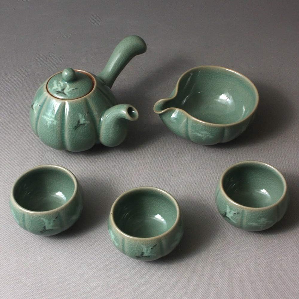 Korean 3-Person Celadon Porcelain Pumpkin Shaped Tea Set - Inlaid Crane & Cloud