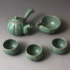 Korean 3-Person Celadon Porcelain Pumpkin Shaped Tea Set - Inlaid Crane & Cloud