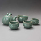 Korean 3-Person Celadon Porcelain Pumpkin Shaped Tea Set - Inlaid Crane & Cloud