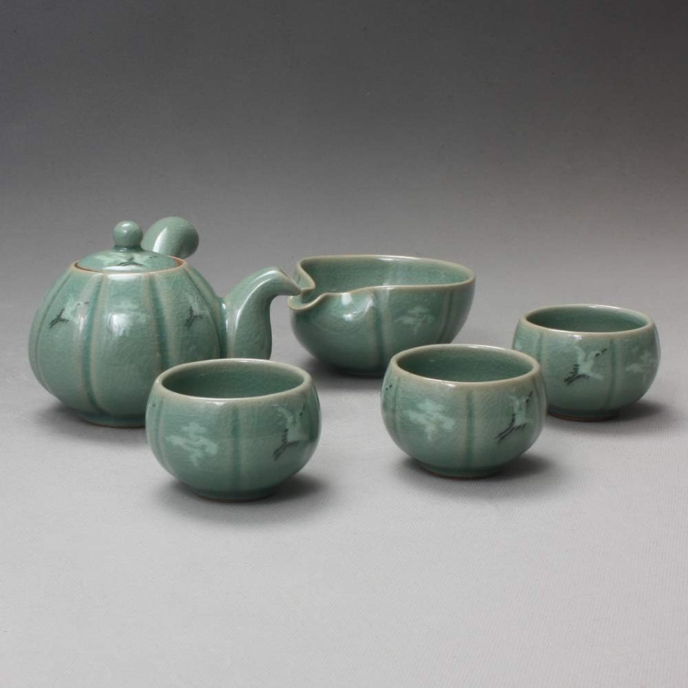 Korean 3-Person Celadon Porcelain Pumpkin Shaped Tea Set - Inlaid Crane & Cloud