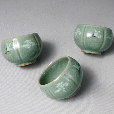 Korean 3-Person Celadon Porcelain Pumpkin Shaped Tea Set - Inlaid Crane & Cloud