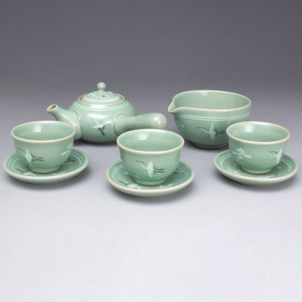 Korean 3-Person Celadon Porcelain Tea Set with Saucers - Inlaid Crane & Cloud