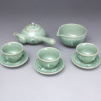Korean 3-Person Celadon Porcelain Tea Set with Saucers - Inlaid Crane & Cloud