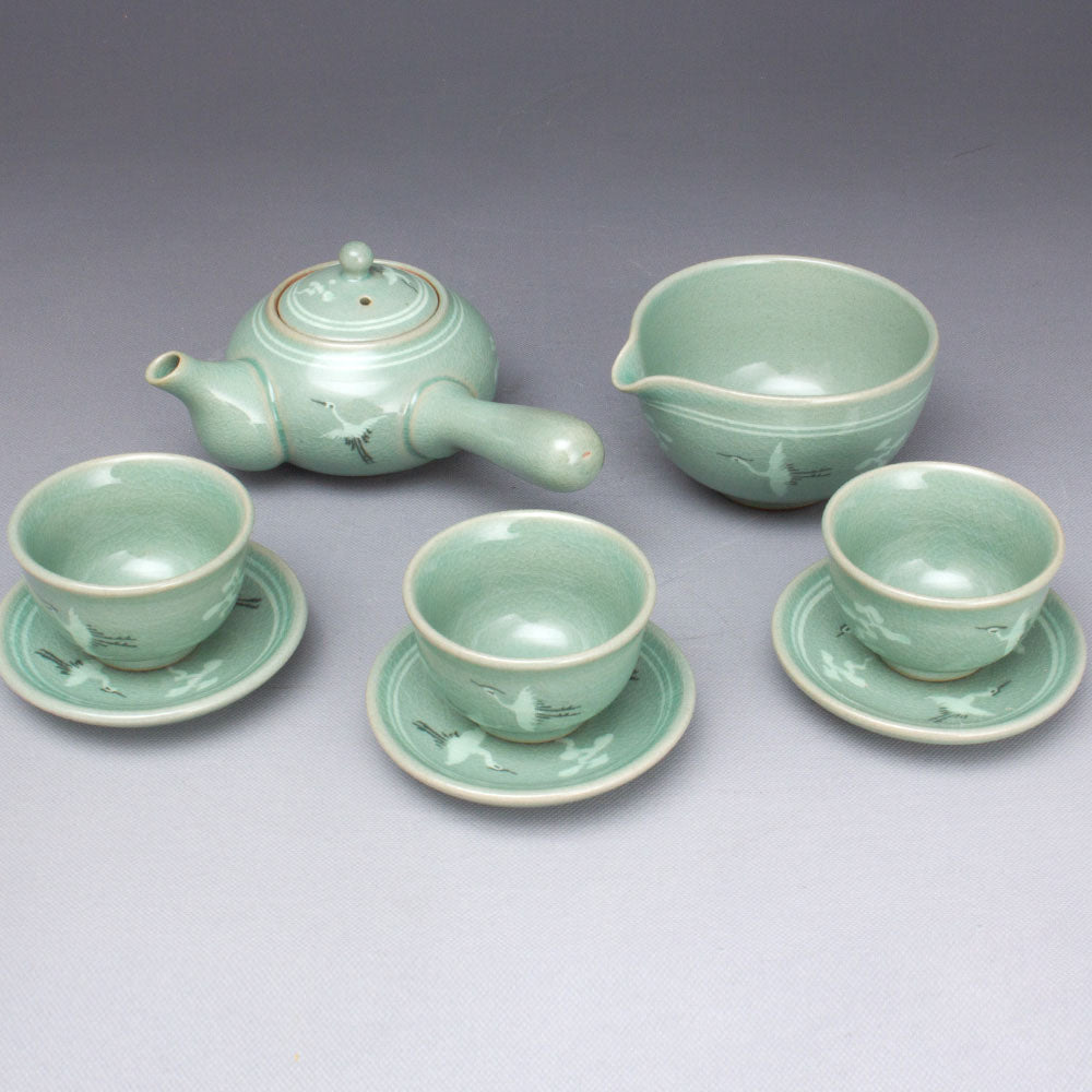 Korean 3-Person Celadon Porcelain Tea Set with Saucers - Inlaid Crane & Cloud