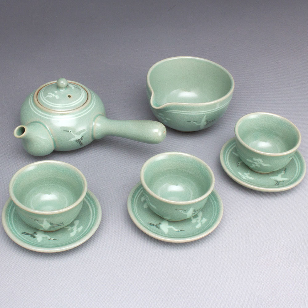 Korean 3-Person Celadon Porcelain Tea Set with Saucers - Inlaid Crane & Cloud