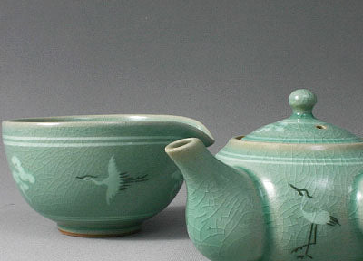 Korean 3-Person Celadon Porcelain Tea Set with Saucers - Inlaid Crane & Cloud