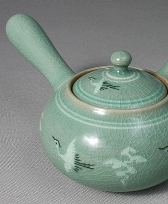 Korean 3-Person Celadon Porcelain Tea Set with Saucers - Inlaid Crane & Cloud