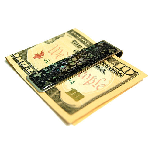 Mother of Pearl Money Clip - Arabesque Design Luxury Metal Cash Clamp