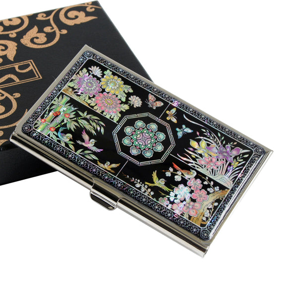 Mother of Pearl Bamboo Orchid Plum Flower Business Card Case - Metal Credit Card Holder