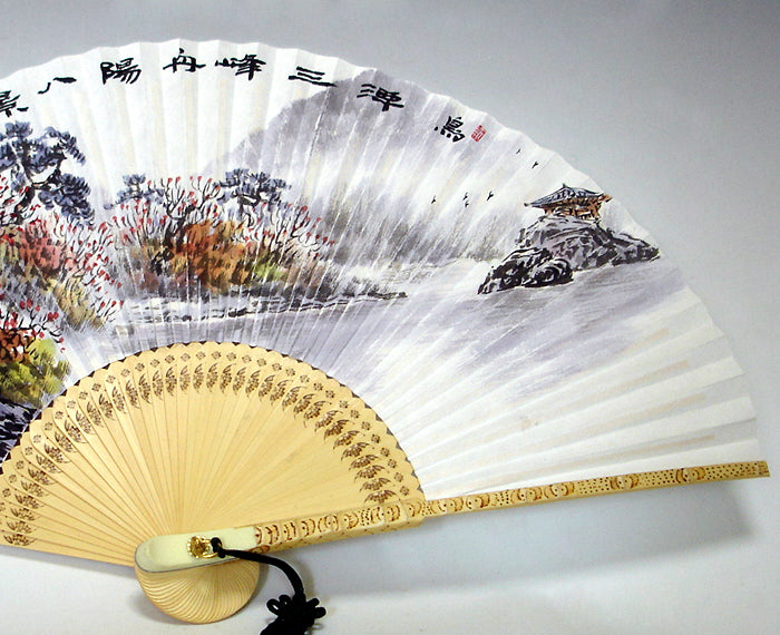 Premium Hand Painted Autumn Landscape Folding Fan - White Paper Bamboo Wood Wall Deco