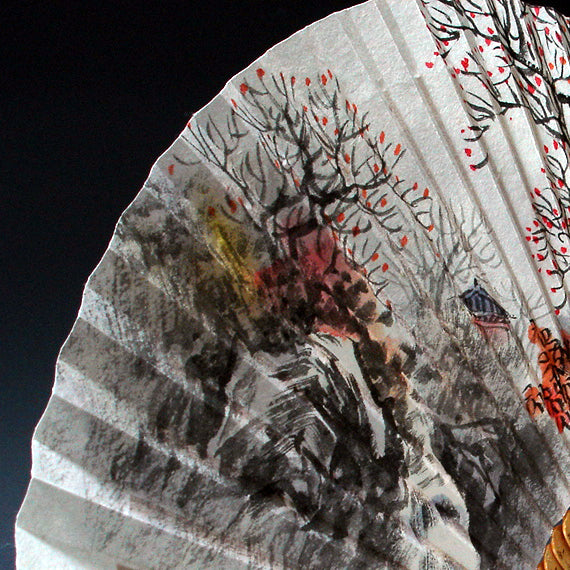 Premium Hand Painted Moonlit Musicians Folding Fan - White Paper Bamboo Wood Home Deco