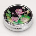 Mother of Pearl Lotus Flower Pill Box - 3 Compartment Portable Round Vitamin Case
