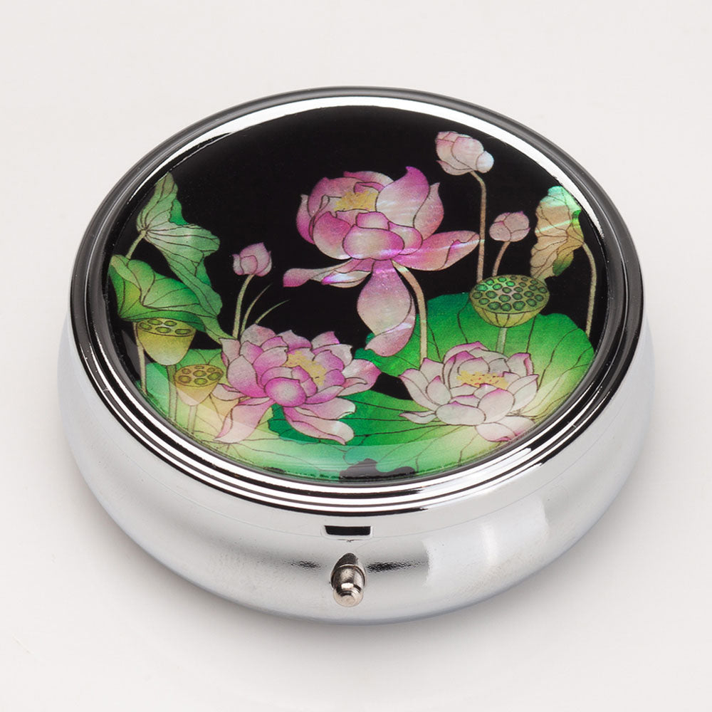 Mother of Pearl Lotus Flower Pill Box - 3 Compartment Portable Round Vitamin Case