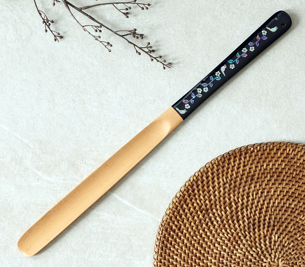 Mother of Pearl Inlay Long Wood Shoehorn - Flower Bird Black Handle Shoe Horn