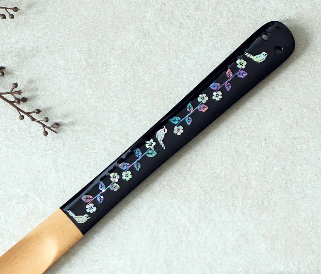 Mother of Pearl Inlay Long Wood Shoehorn - Flower Bird Black Handle Shoe Horn