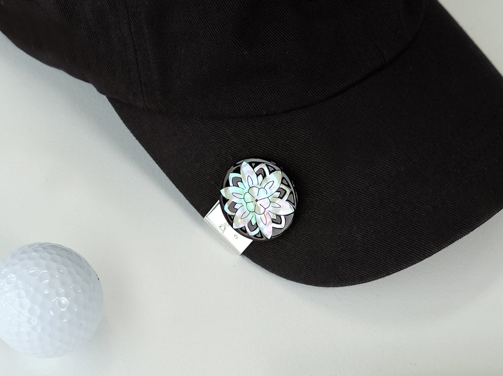 Mother of Pearl Golf Ball Marker Cap Clip Set with Lotus Flower Design