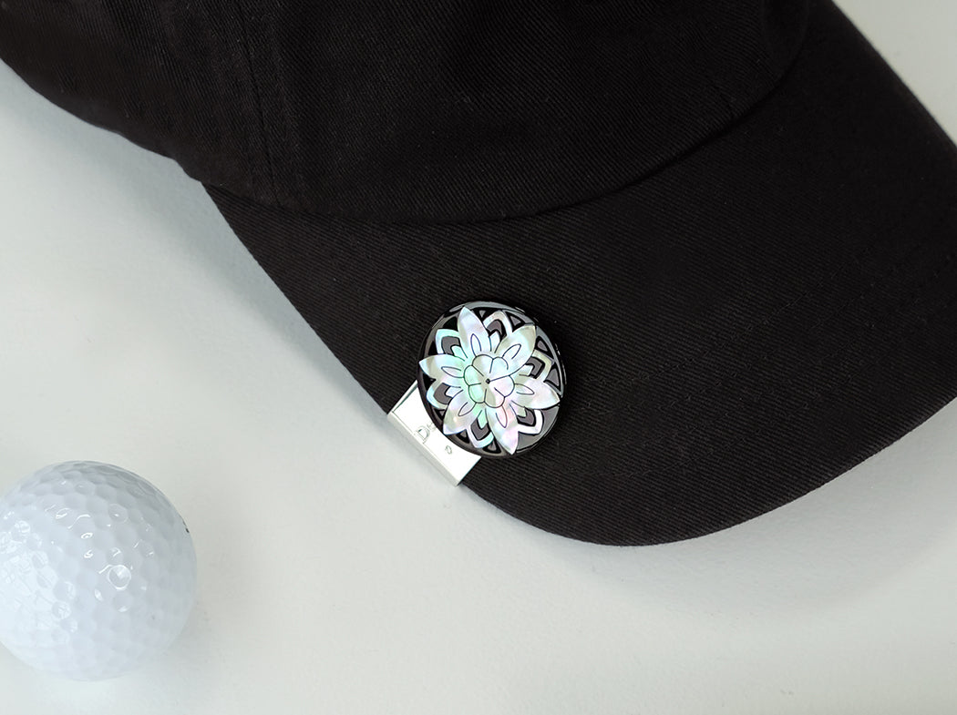 Mother of Pearl Golf Ball Marker Cap Clip Set with Lotus Flower Design