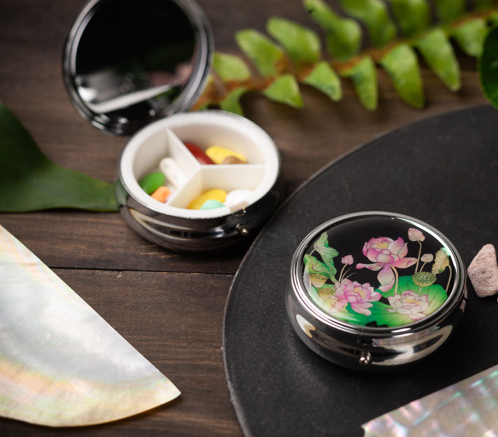 Mother of Pearl Lotus Flower Pill Box - 3 Compartment Portable Round Vitamin Case
