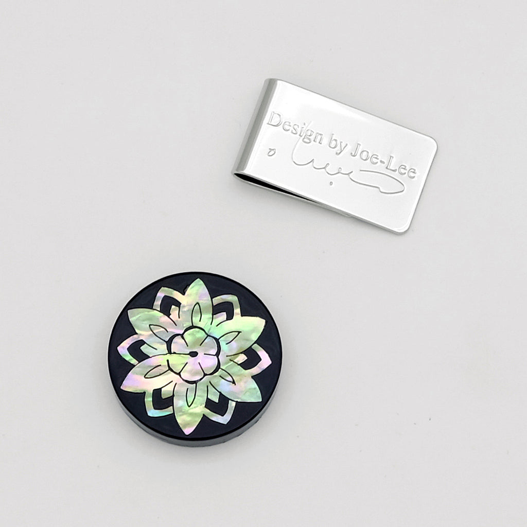 Mother of Pearl Golf Ball Marker Cap Clip Set with Lotus Flower Design