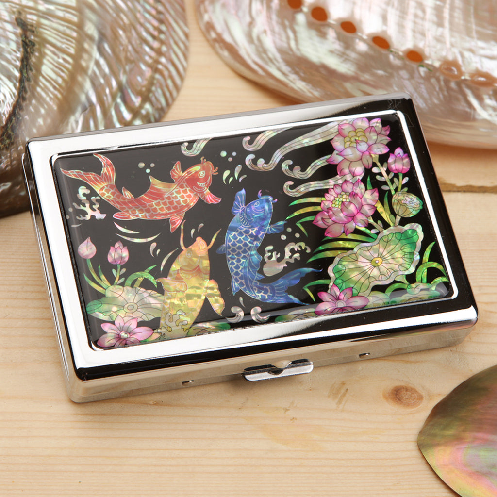 Mother of Pearl Fish & Lotus Cigarette Case for 100S King Size - Credit Card Cash Wallet