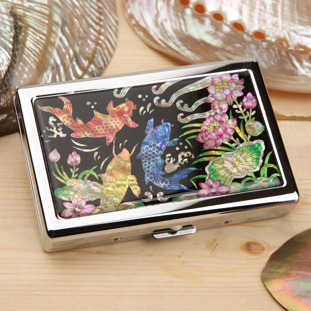 Mother of Pearl Fish & Lotus Cigarette Case for 100S King Size - Credit Card Cash Wallet