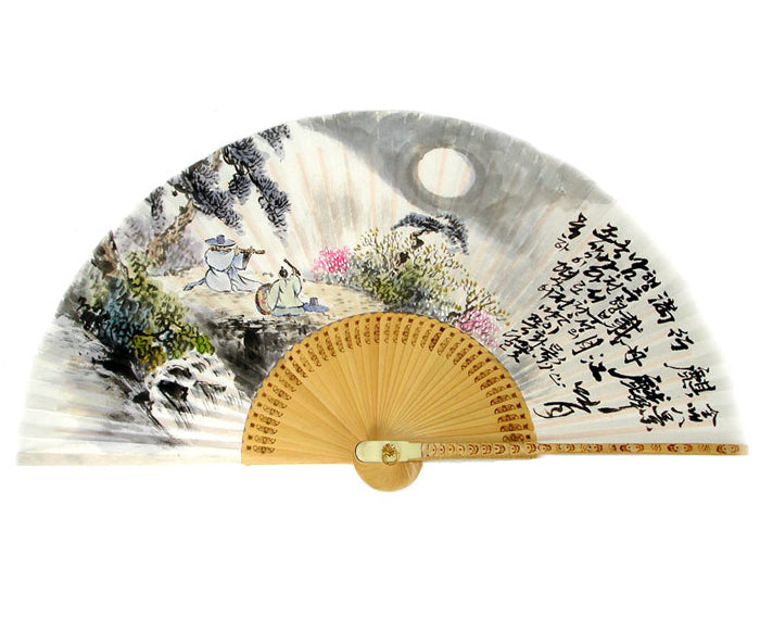 Premium Hand Painted Moonlit Musicians Folding Fan - White Paper Bamboo Wood Home Deco