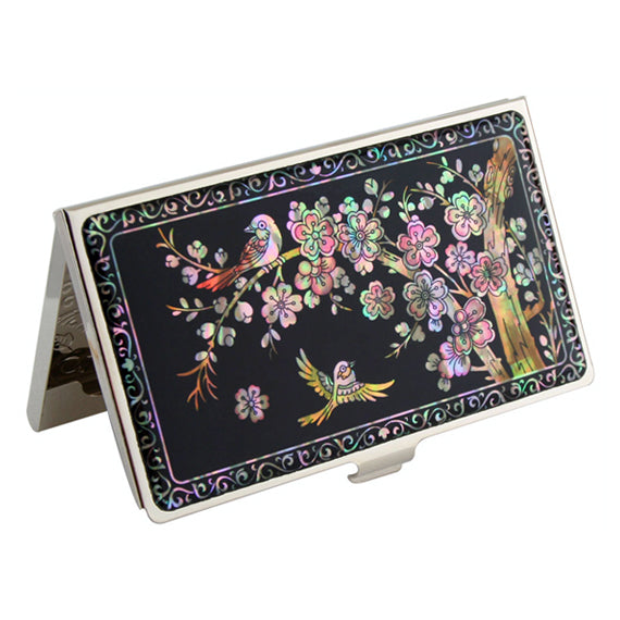 Mother of Pearl Pink Flower Business Card Case Compact Mirror Gift Set