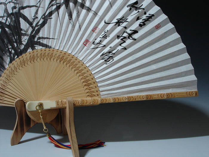 Premium Hand Painted Bamboo Painting Folding Fan - White Paper Home Deco