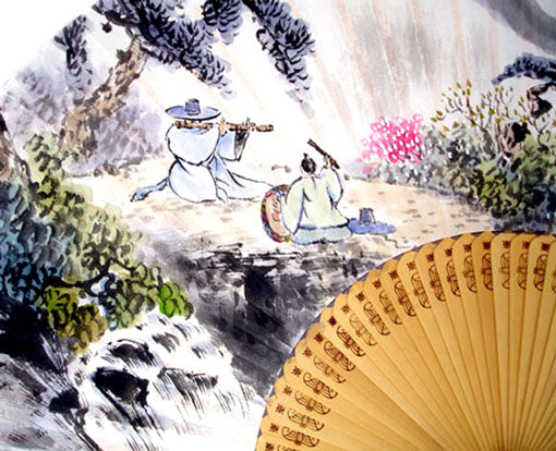 Premium Hand Painted Moonlit Musicians Folding Fan - White Paper Bamboo Wood Home Deco