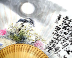 Premium Hand Painted Moonlit Musicians Folding Fan - White Paper Bamboo Wood Home Deco