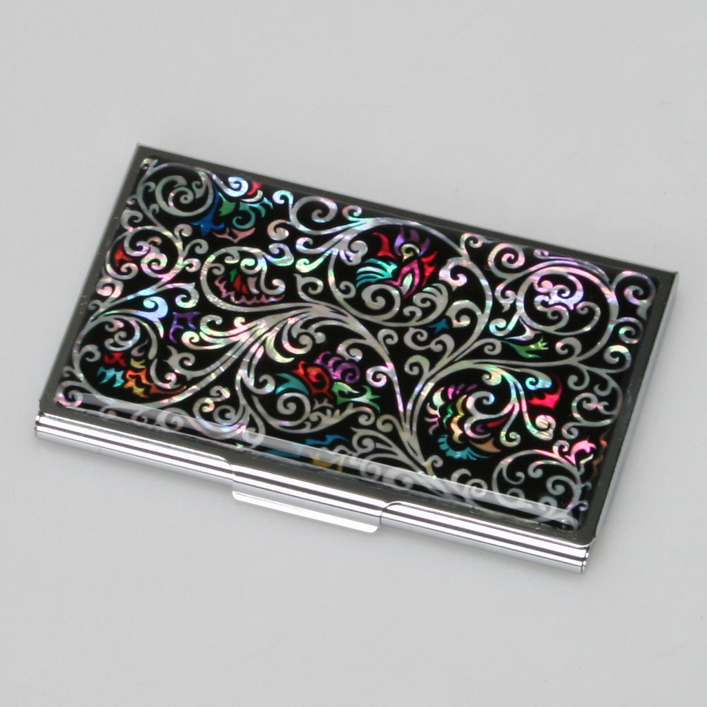 Mother of Pearl Arabesque Black Business Card Case - Slim Metal Credit Card Holder